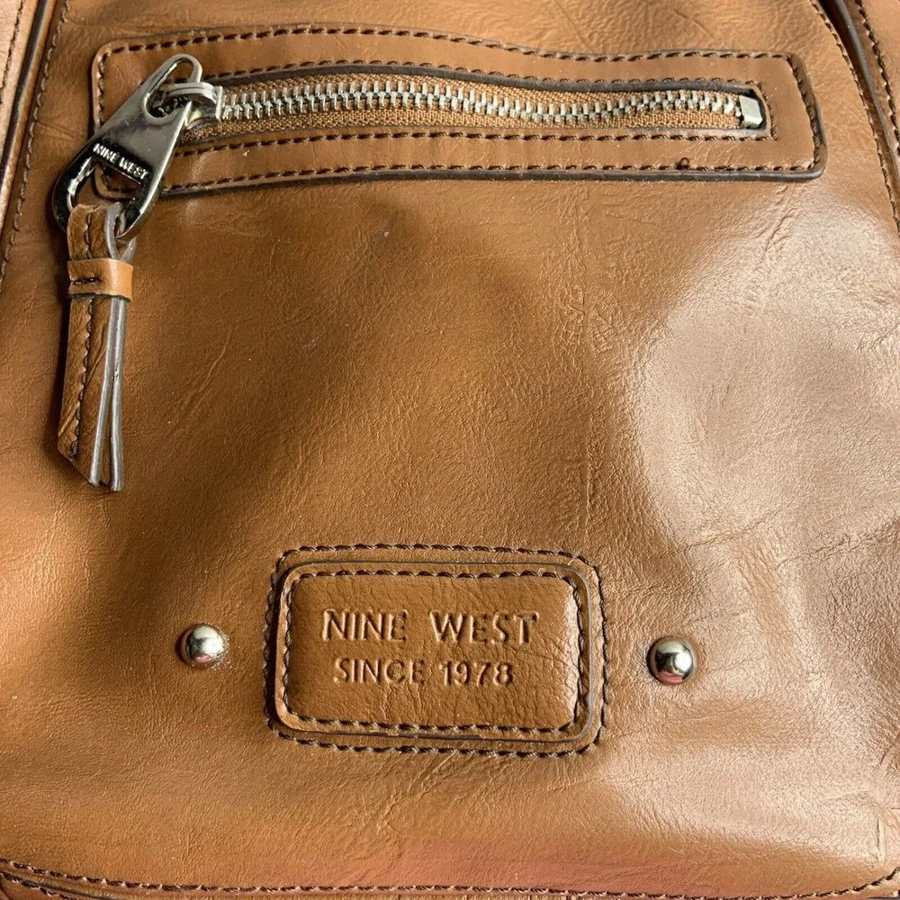 Retro NINE WEST Brown‎ Faux Leather Purse Medium Lined Zip Cognac Shoulder Bag